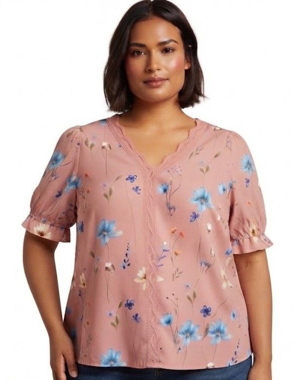 Women's Pink Floral V-Neck Blouse with Lace Trim Short Puff Sleeves Size 2XL